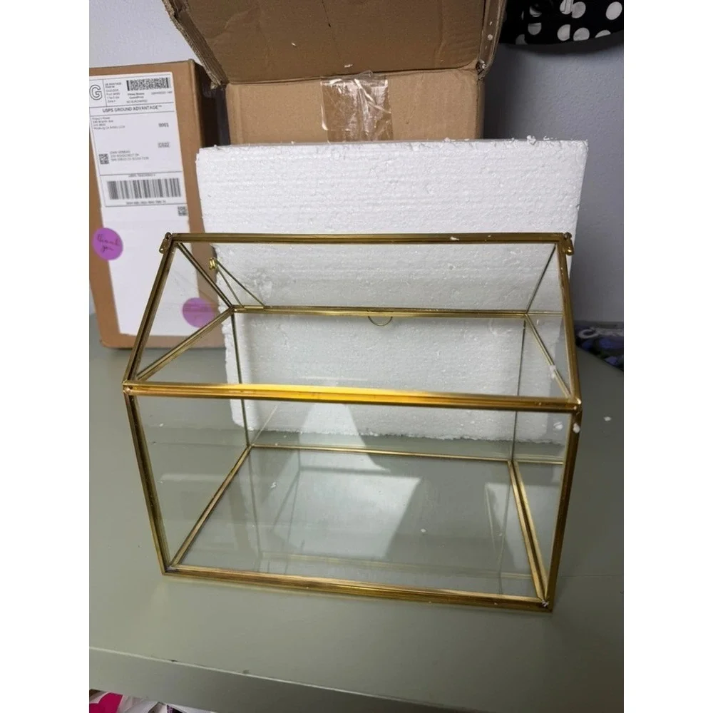 NIB Brass Glass House Terrarium Wedding Card Box Keepsake Large Display Case